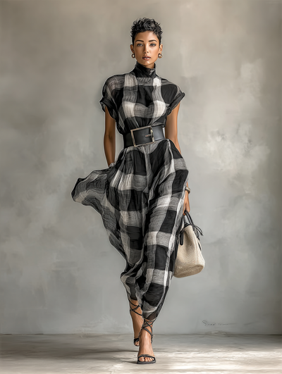 Aylah® | Women's Plaid Cotton Blend High Collar Short Sleeve Belt Maxi Dress