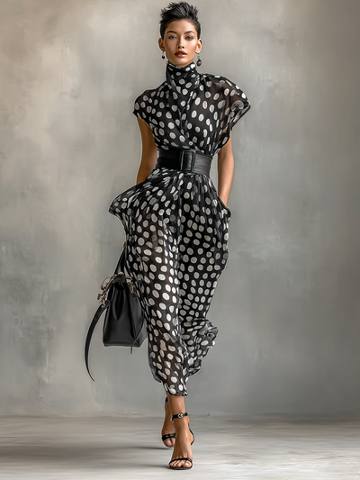 Women's Chiffon Polka Dot Print High Collar Cap Sleeve Belt Maxi Dress MDA1106G4Y