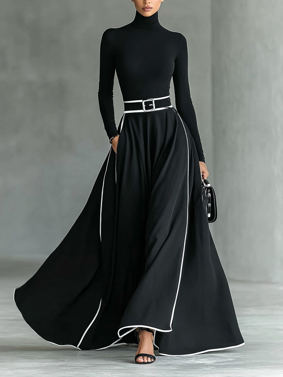 Lily® | Women's Black Stitching White Trim High Collar Long Sleeve Tight Belt Maxi Dress