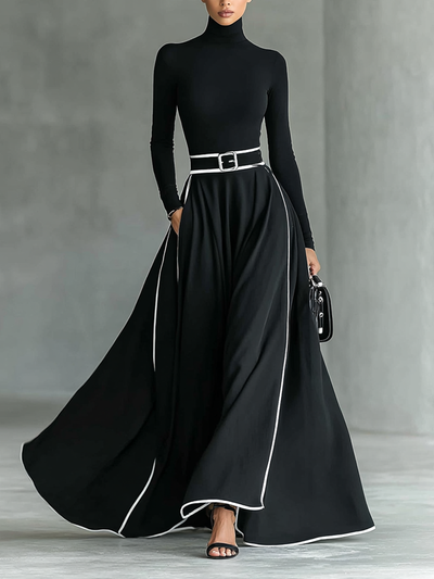 Lily® | Women's Black Stitching White Trim High Collar Long Sleeve Tight Belt Maxi Dress