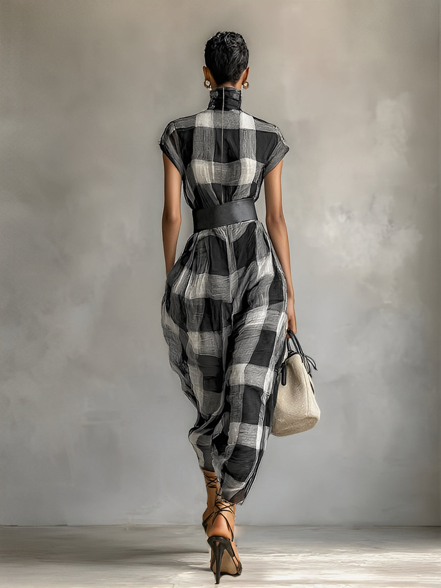 Aylah® | Women's Plaid Cotton Blend High Collar Short Sleeve Belt Maxi Dress