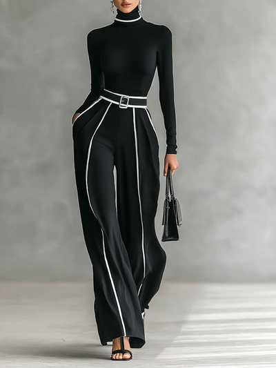 Isla® | Women's White Trimmed Turtleneck Long Sleeve Top Wide Leg Pants Belt Two-Piece Set