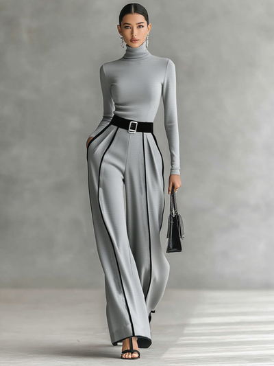 Isla® | Women's White Trimmed Turtleneck Long Sleeve Top Wide Leg Pants Belt Two-Piece Set
