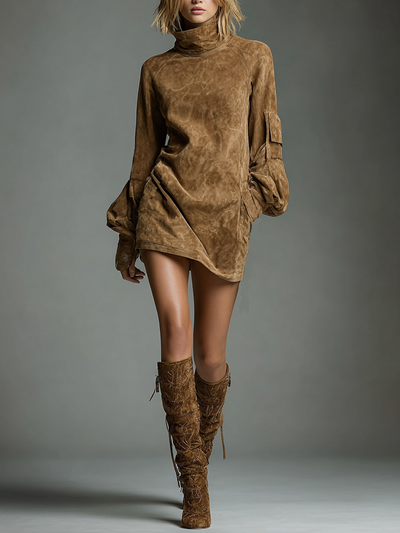 Charli® | Women's Vintage Loose Suede Turtleneck Mini Dress