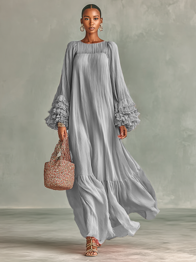 Grace® | Women's Loose Pleated Chiffon Round Neck Long Sleeves Cuffs Ruffle Maxi Dress