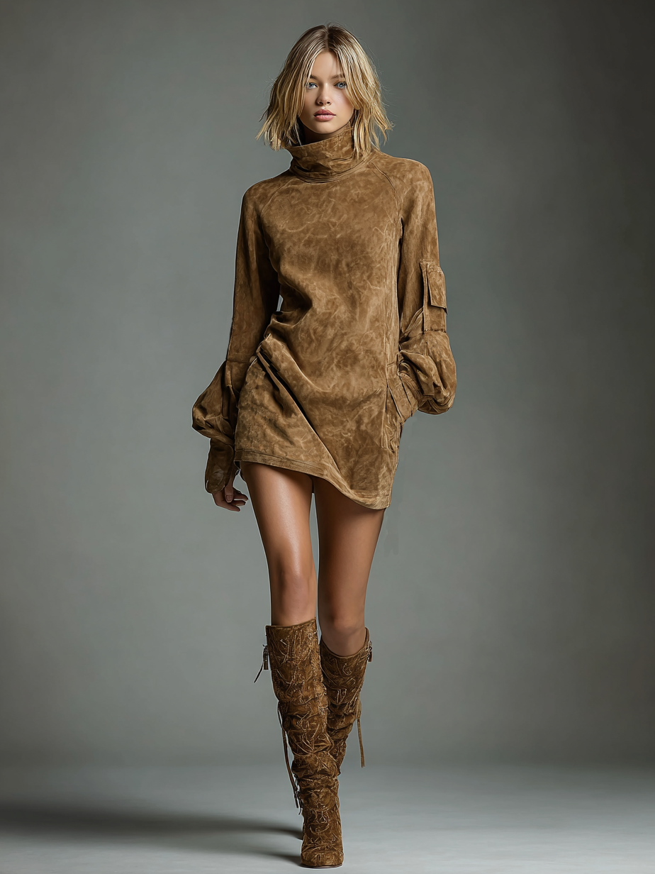 Charli® | Women's Vintage Loose Suede Turtleneck Mini Dress