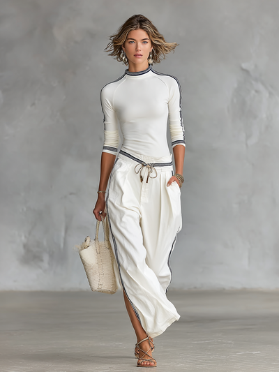 Chloe® | Women's Sports Half-high-neck Long-sleeved T-shirt Drawstring Wide-leg Pants Two-piece Set