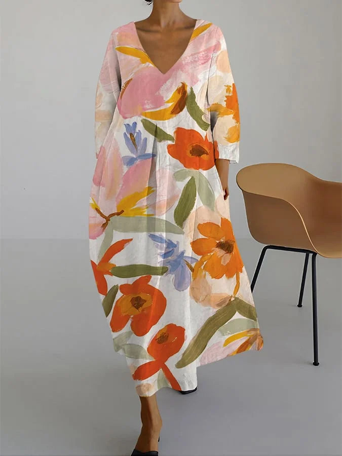 VIBEKE® | FLOWER PRINT V-CUT LINEN DRESS