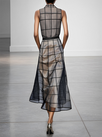 Alinta® | Women's Checkered Tulle Lapel Sleeveless Belted Maxi Dress