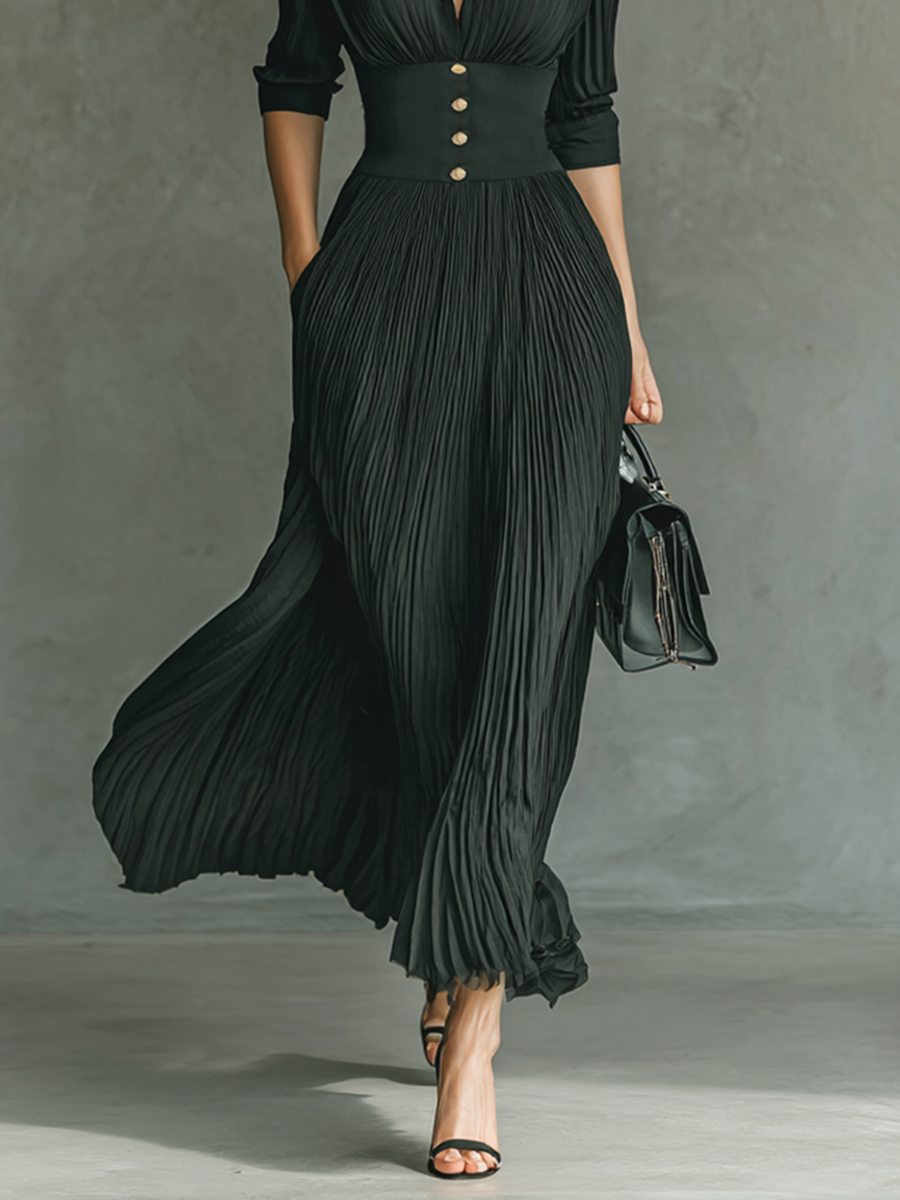 Matilda® | Women's Solid Color Pleated Lapel Waist Long Sleeve Maxi Dress