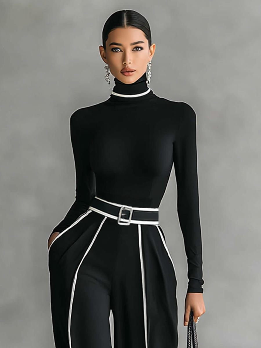 Isla® | Women's White Trimmed Turtleneck Long Sleeve Top Wide Leg Pants Belt Two-Piece Set