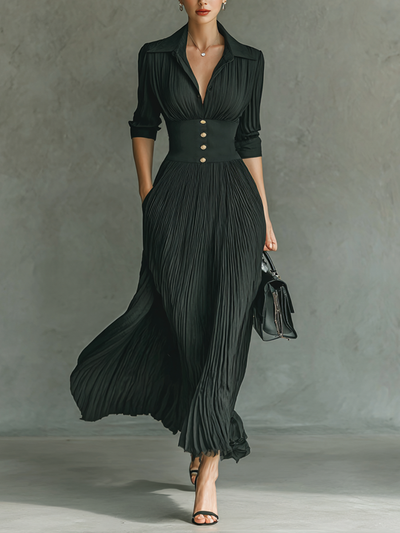 Matilda® | Women's Solid Color Pleated Lapel Waist Long Sleeve Maxi Dress