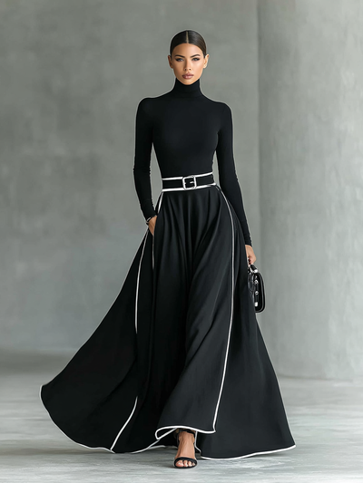 Lily® | Women's Black Stitching White Trim High Collar Long Sleeve Tight Belt Maxi Dress