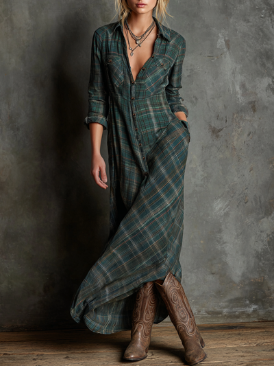 Lorena® | Women's Plaid Lapel Single-Breasted Shirt Maxi Dress