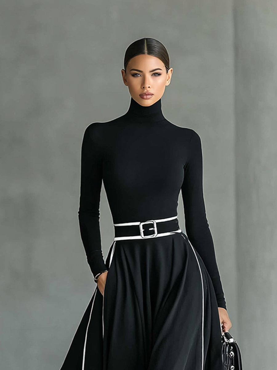 Lily® | Women's Black Stitching White Trim High Collar Long Sleeve Tight Belt Maxi Dress