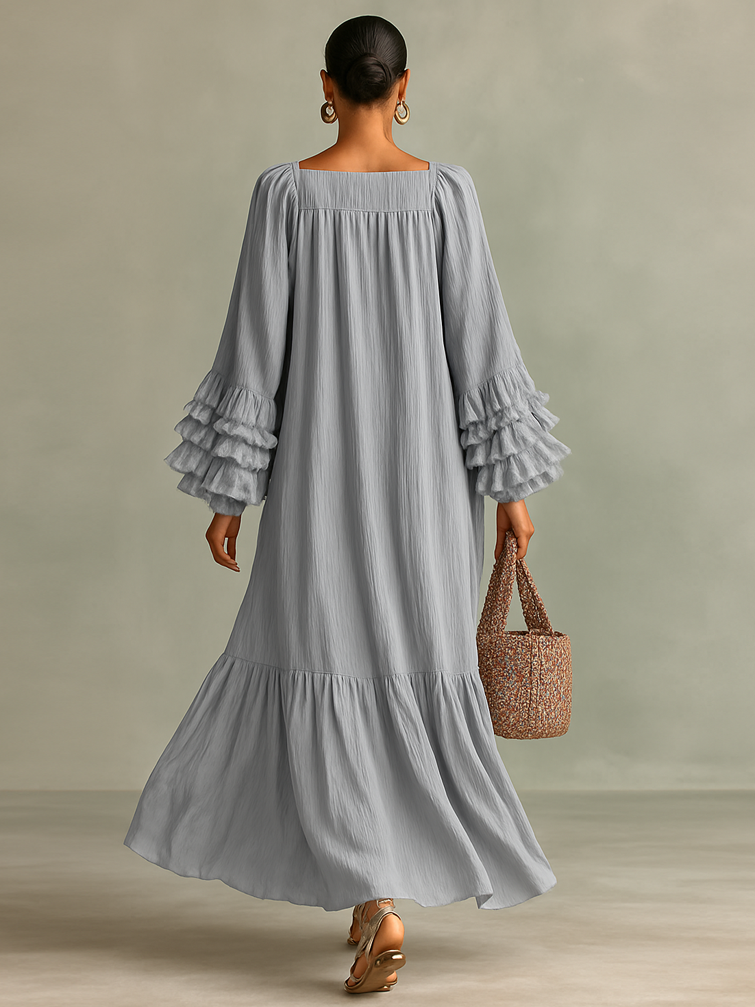 Grace® | Women's Loose Pleated Chiffon Round Neck Long Sleeves Cuffs Ruffle Maxi Dress