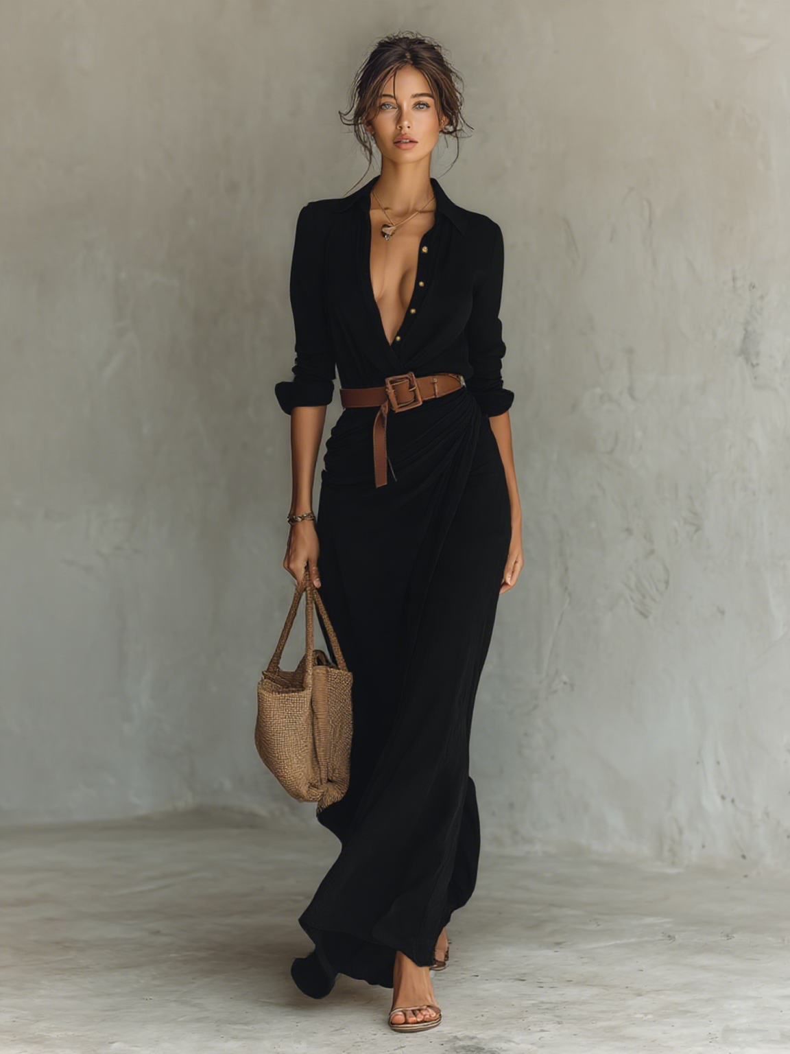 Beatriz® | Ladies Lapel Single Breasted Long Sleeve Belted Maxi Dress