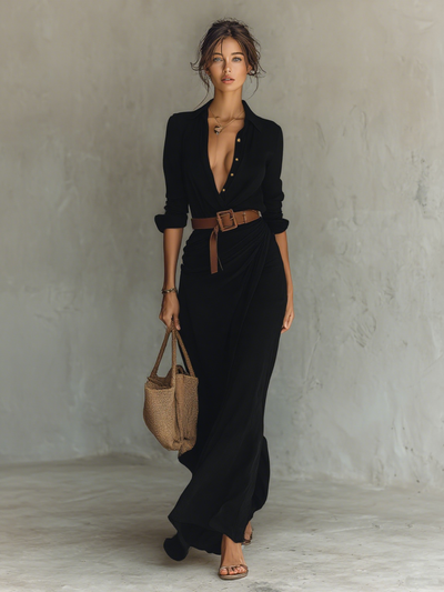 Beatriz® | Ladies Lapel Single Breasted Long Sleeve Belted Maxi Dress