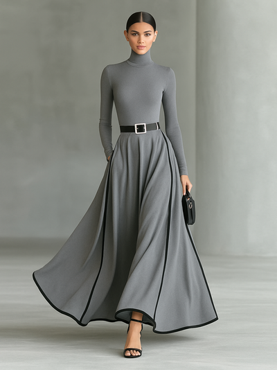 Lily® | Women's Black Stitching White Trim High Collar Long Sleeve Tight Belt Maxi Dress