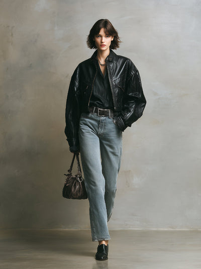 Kalinda® | Women's Black Edgy Leather Oversized Biker Jacket