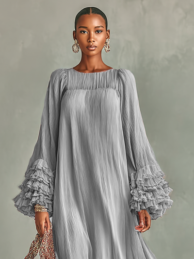 Grace® | Women's Loose Pleated Chiffon Round Neck Long Sleeves Cuffs Ruffle Maxi Dress