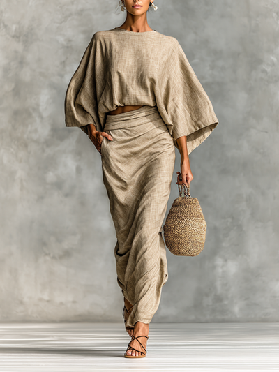 Elouera® | Women's Chiffon Pleated Lapel Button Short Sleeve Waist Maxi Dress Women's Cotton And Linen Blend Bat Sleeve Long Skirt Two-piece Set