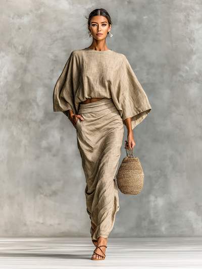 Elouera® | Women's Chiffon Pleated Lapel Button Short Sleeve Waist Maxi Dress Women's Cotton And Linen Blend Bat Sleeve Long Skirt Two-piece Set