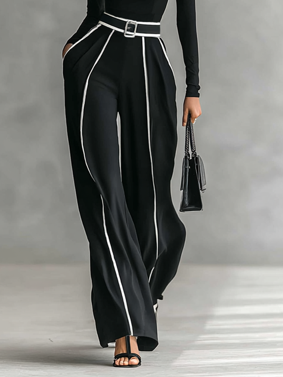 Isla® | Women's White Trimmed Turtleneck Long Sleeve Top Wide Leg Pants Belt Two-Piece Set