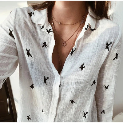 Kaia® | Bird Print Long Sleeve Shirt
