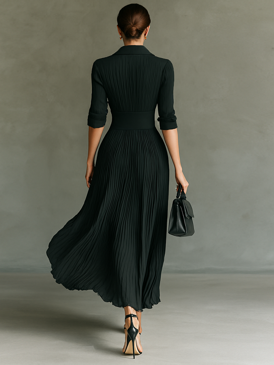 Matilda® | Women's Solid Color Pleated Lapel Waist Long Sleeve Maxi Dress