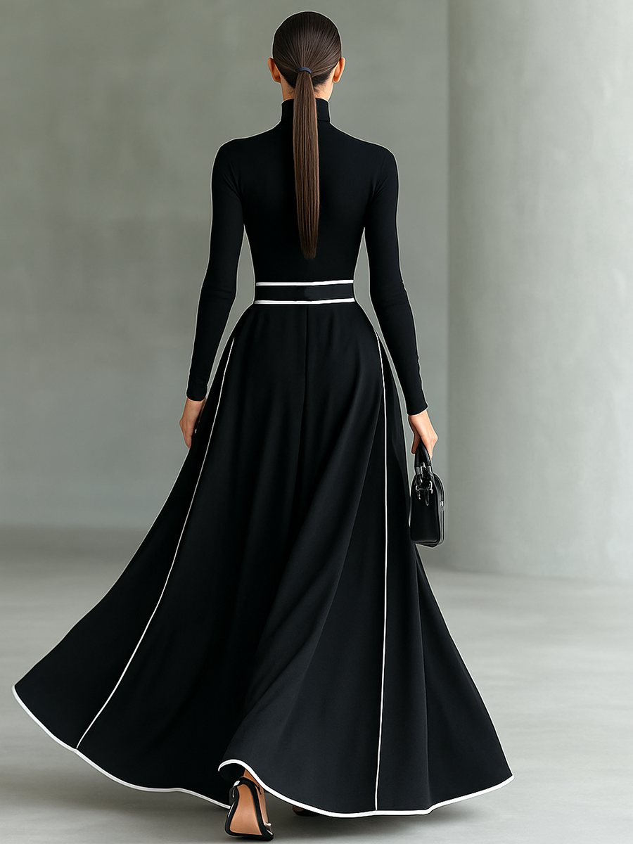 Lily® | Women's Black Stitching White Trim High Collar Long Sleeve Tight Belt Maxi Dress