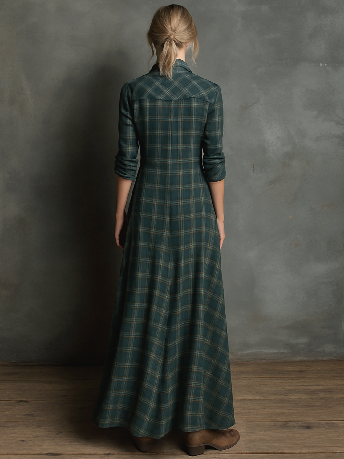 Lorena® | Women's Plaid Lapel Single-Breasted Shirt Maxi Dress