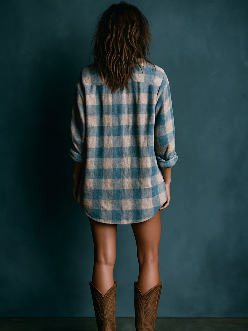Mikayla® | Women's Loose Washed Plaid Henley Collar Long-Sleeve Mini Dress