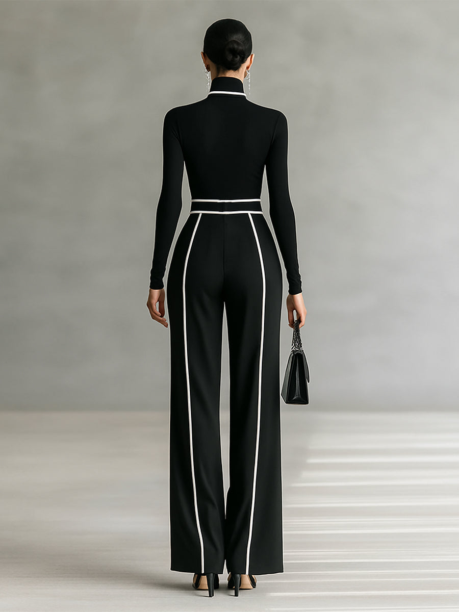 Isla® | Women's White Trimmed Turtleneck Long Sleeve Top Wide Leg Pants Belt Two-Piece Set