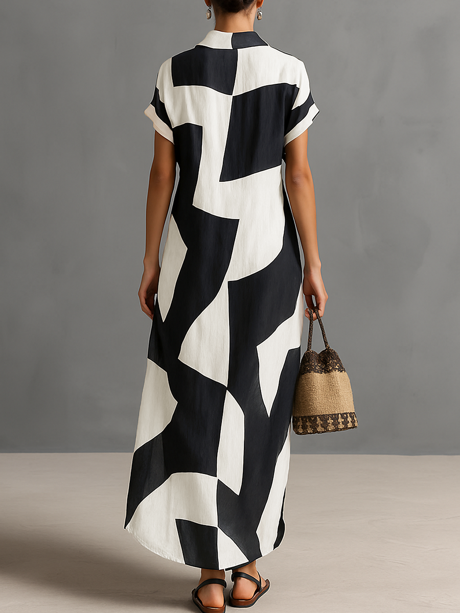 Willow® | Women's Chiffon Irregular Geometric Print Lapel Single-Breasted Short-Sleeved Maxi Shirt Dress