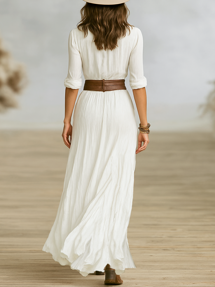 Olivia® | Women's Imitation Cotton And Linen Pleated Lapel Single-breasted Long-sleeved Maxi Dress