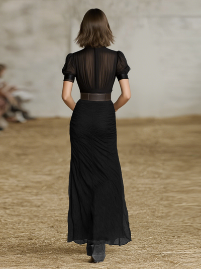 Yindi® | Women's Chiffon Pleated Lapel Button Short Sleeve Waist Maxi Dress
