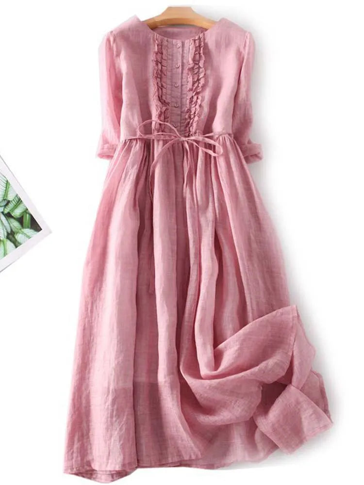 Helene® | Women's Retro Style Dress with Round Neck and Waist Ties