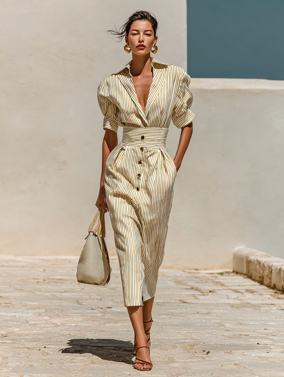 Kiara® | Women's Striped Lapel Short Sleeve Waist Midi Dress