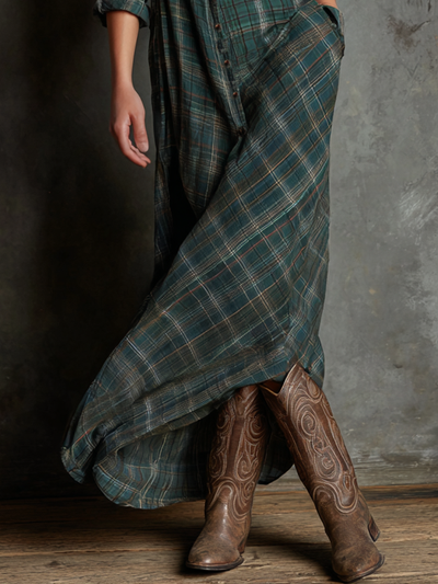Lorena® | Women's Plaid Lapel Single-Breasted Shirt Maxi Dress