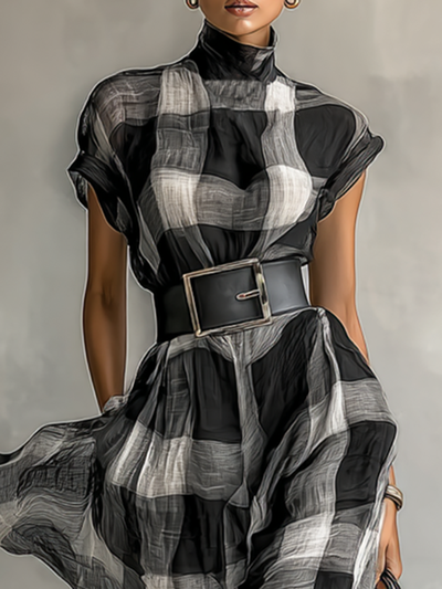 Aylah® | Women's Plaid Cotton Blend High Collar Short Sleeve Belt Maxi Dress