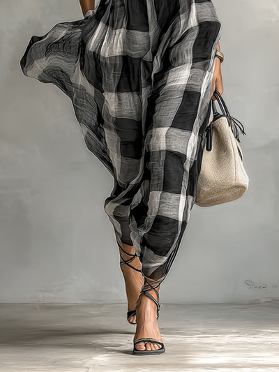 Aylah® | Women's Plaid Cotton Blend High Collar Short Sleeve Belt Maxi Dress