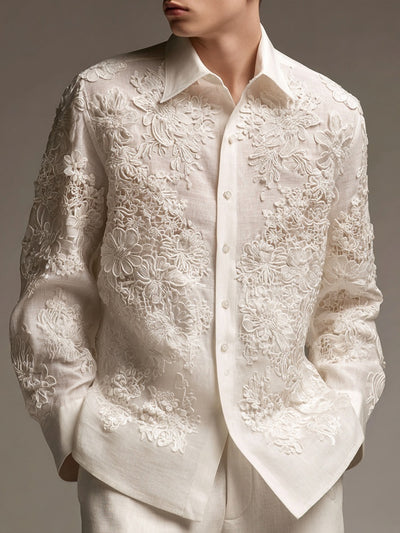 Men's Floral Lace Embroidered Long Sleeve Linen Shirt