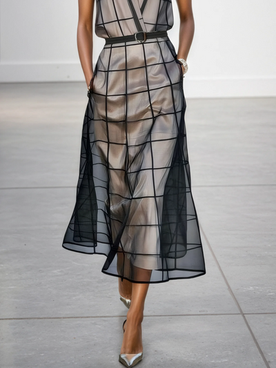Alinta® | Women's Checkered Tulle Lapel Sleeveless Belted Maxi Dress
