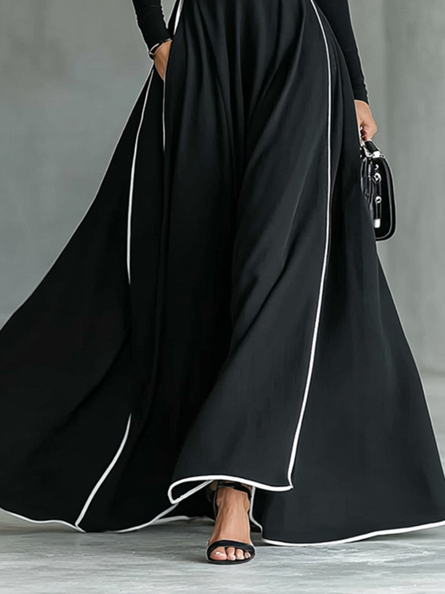 Lily® | Women's Black Stitching White Trim High Collar Long Sleeve Tight Belt Maxi Dress