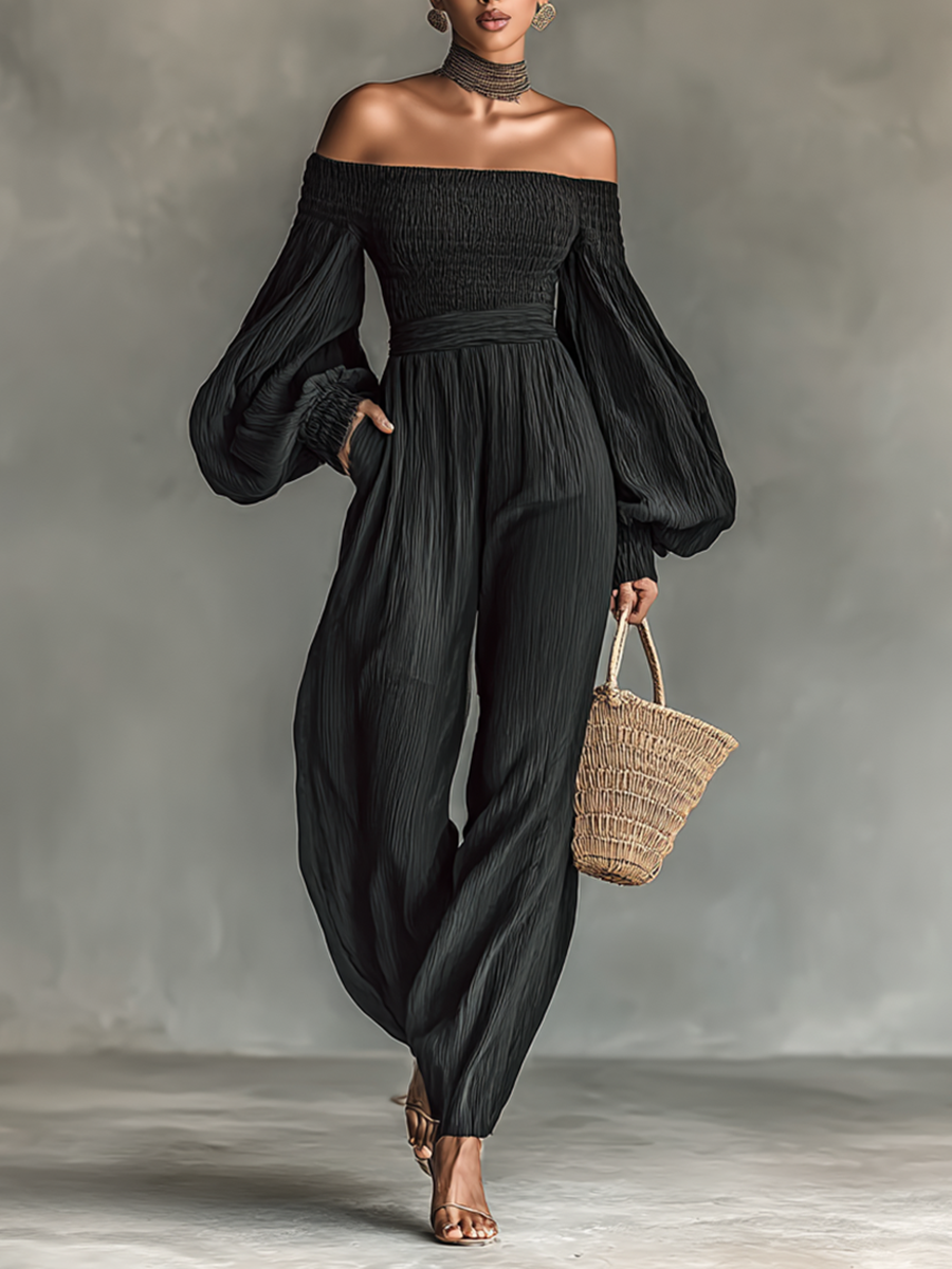 Hazel® | Women's Off-the-shoulder Long-sleeved Pleated Fabric Jumpsuit