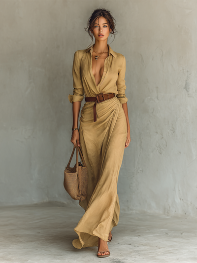 Beatriz® | Ladies Lapel Single Breasted Long Sleeve Belted Maxi Dress