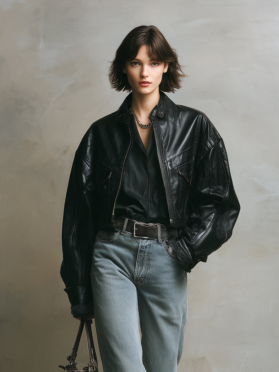 Kalinda® | Women's Black Edgy Leather Oversized Biker Jacket