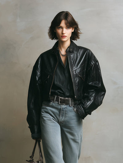 Kalinda® | Women's Black Edgy Leather Oversized Biker Jacket