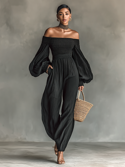 Hazel® | Women's Off-the-shoulder Long-sleeved Pleated Fabric Jumpsuit